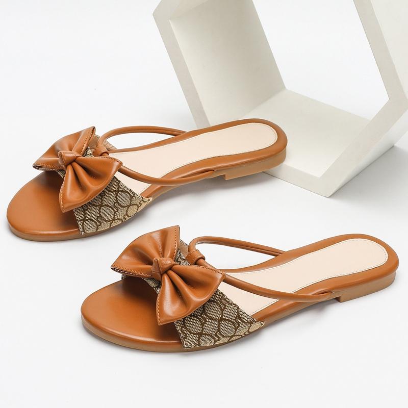 Fashion Elegant Pointed Toe Bow Narrow Band Flat Slippers Women Sexy Open Toe Non-slip Large Size Flat Shoes Comfort Vacation Beach Shoe