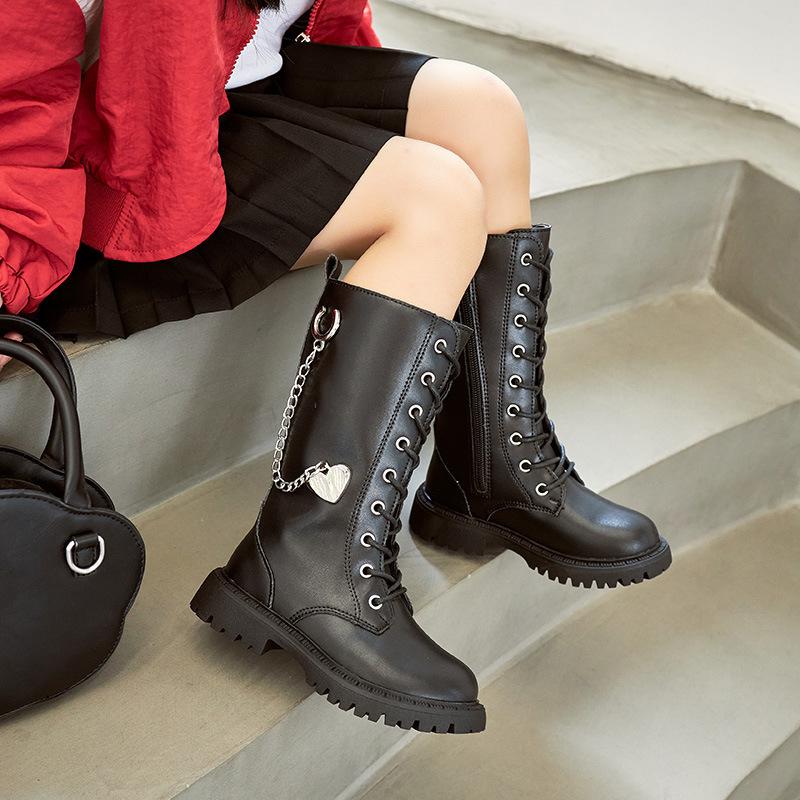 Girls Boots Winter New Korean Style Britain Style Children Fashion Versatile Soft Princess Shoes High Boots Chains Love PU