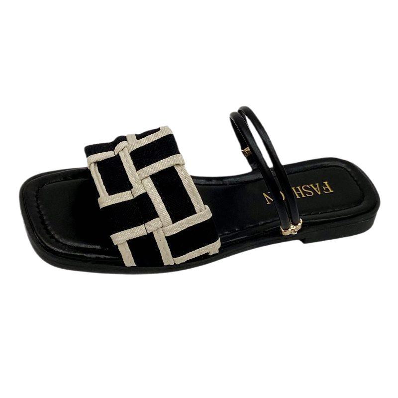 Square head plaid two wear cool slippers women wear summer new open-toed flat bottom simple beach sandals