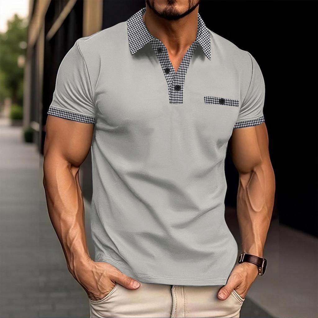 Polo Estiva da Uomo a Colore Unito Manica Corta Casual Traspirante Leggera Misto Cotone Top con Collo e Polsini a Quadretti