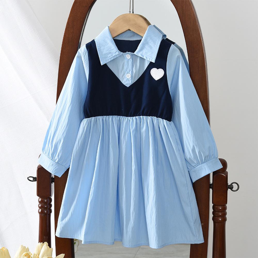 

Girls Autumn Korean Style Two-Piece Long Sleeve Shirt Dress with Lapel - Casual and Academic Inspired 4Y/110 синій