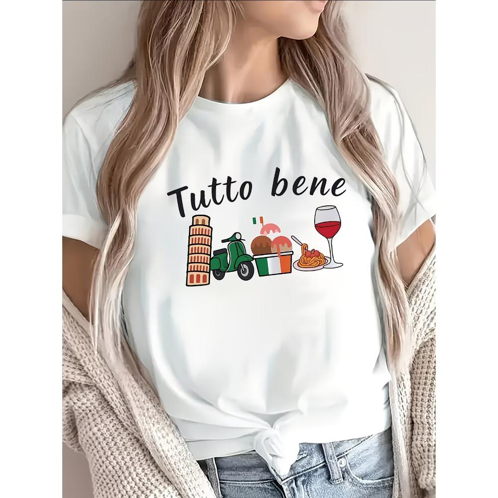 Tutto Bene Italy T Shirt Women Italian Vacation Graphic Tee Funny Pisa Tower Gelato Wine Print Summer Short Sleeve Travel Top M