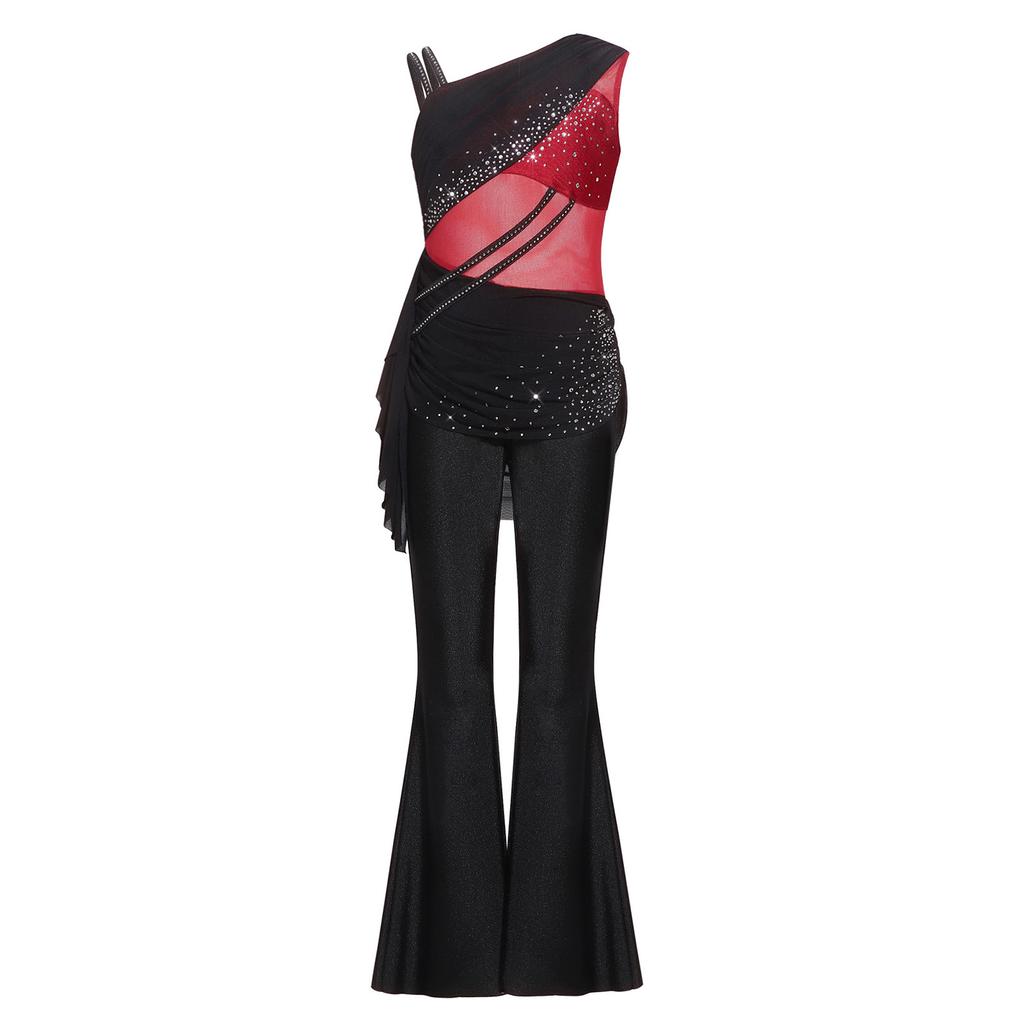 Girls Color Block Dance Jumpsuit Glittery Rhinestones Mesh Ruched Overlay Asymmetrical Bell Bottom Bodysuit