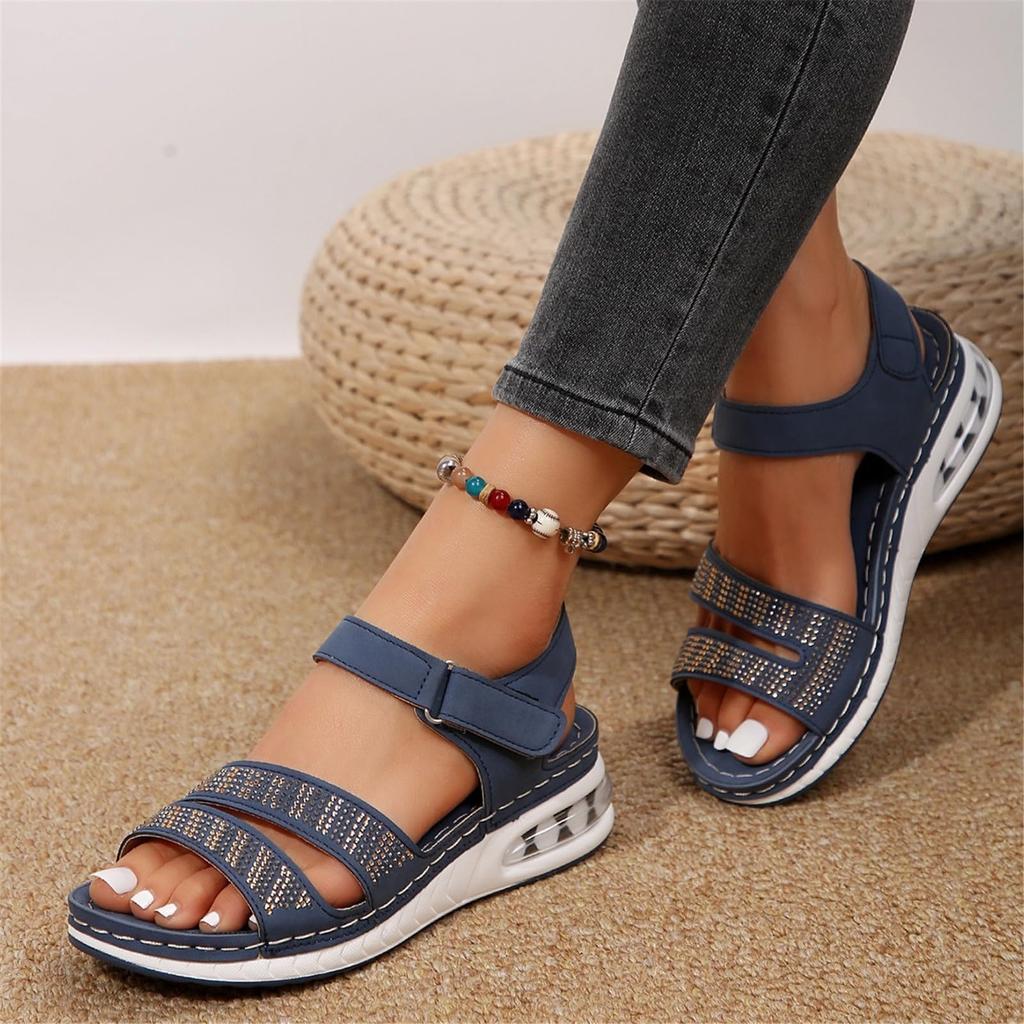 Sandalias ortopédicas cómodas para mujer con soporte de arco para caminar, cuñas de verano informales con velcro ajustable. : Correa abierta y elegante