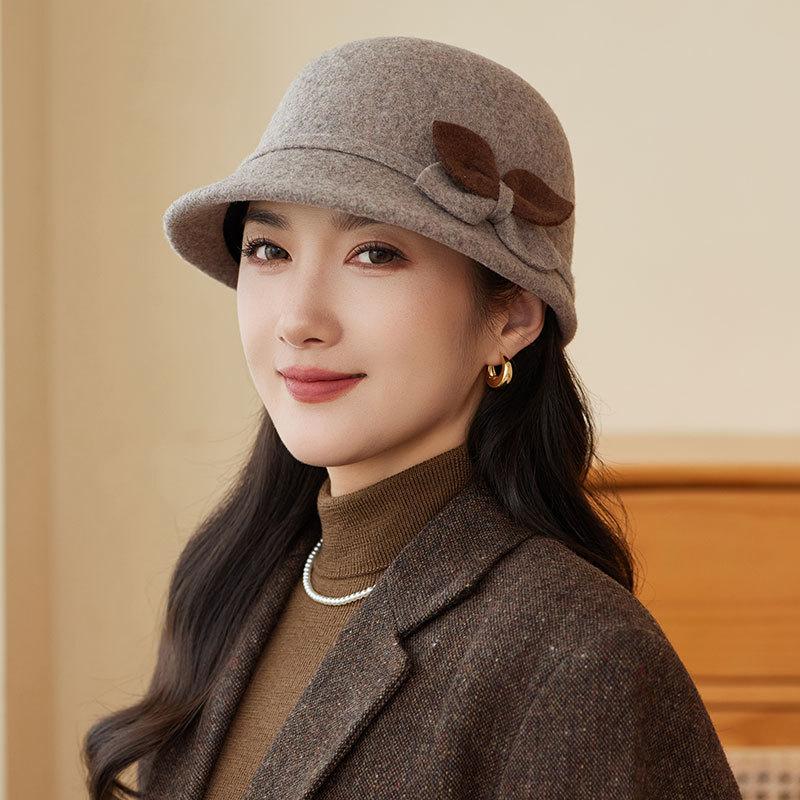 Autumn and Winter Basin Hat Retro Hepburn Style Bow Bucket Hat Ladies Elegant Woolen Fashion Basin Hat