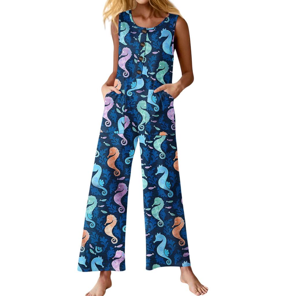 Women's Fashion Casual Button Sleeveless Jumpsuit Floral Flower Print Cotton Pocket Jumpsuit