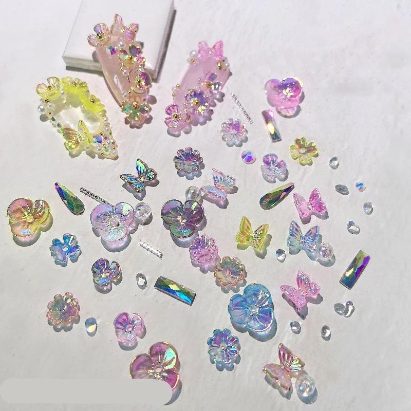 Colorful AB Crystal Flower Butterfly Nail Art Decorations Mix Metal Rivets Pearls Holographic DIY Nails Rhinestones Accessories