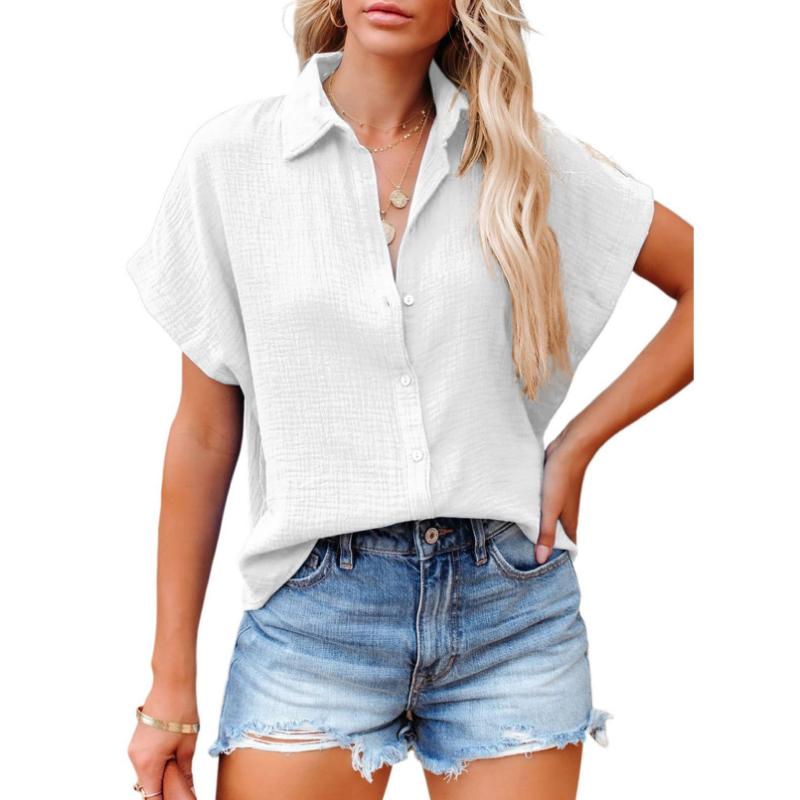 Damen Leinen-Kurzarmbluse, lässiges T-Shirt, Sommerurlaub, Damen-Fledermaus-Top