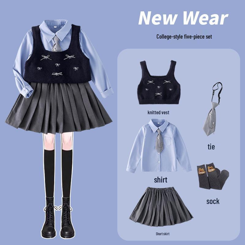 Girls' Autumn 2025 Academy Style: Bowknot Vest, Knit Vest & Pleated Skirt Set