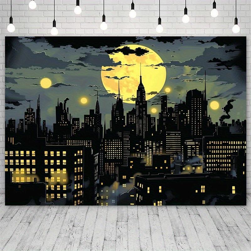 Superhero City Skyline with Bat Background - Bright polyester party banner, suitable for photography, birthdays and events