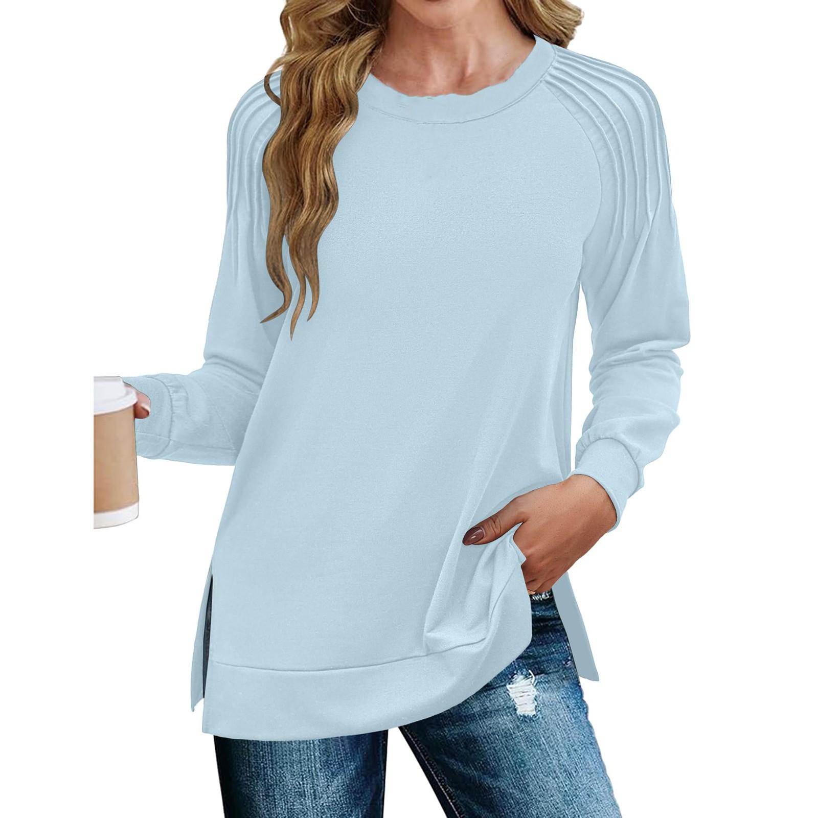 

Женская мода свитшот с круглым вырезом, топы с длинным рукавом, плиссированные рубашки, повседневная осенняя свободная посадка XS небесно-голубой