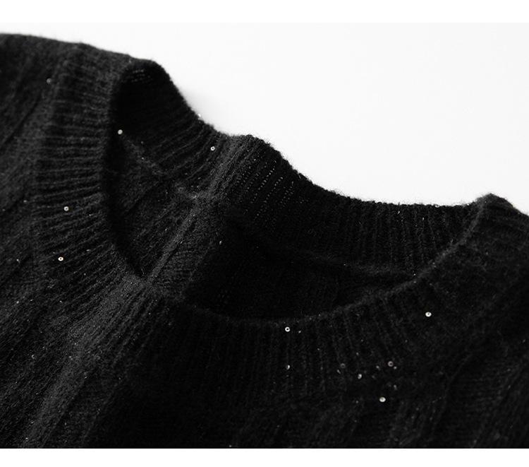 Women's Cashmere Round Neck Sweater - Autumn/Winter Soft Knit with Sequins, Long Sleeve Base Layer
