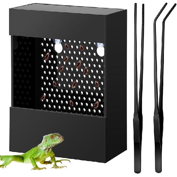 Geyoga Bearded Dragon Feeder with 2 Tweezers Chameleon Feeder with Suction Cups Acrylic Reptile Feeder Box Wall Mounted Insect Feeder Chameleon Bug