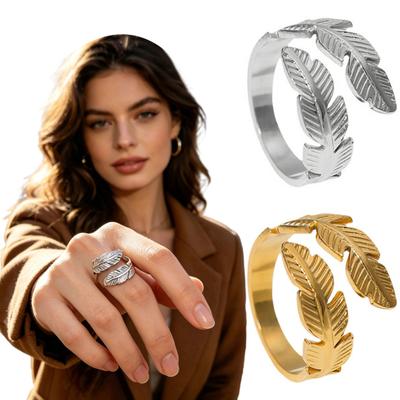 Finger Ring Feather Shape Open Adjustable Fit Women Ring Stainless Steel Texture Freedom Lightness Symbol Stacking Layered Base Ring