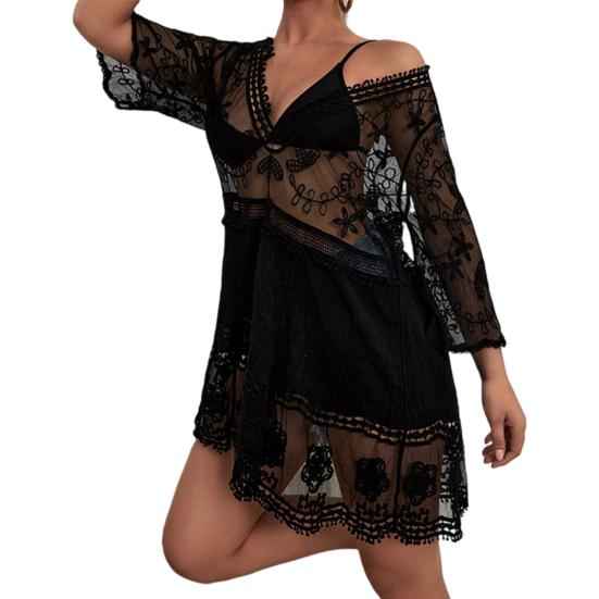 Swimsuit Cover Up Solid Color Deep V Neck Lace Quick Dry Swimwear