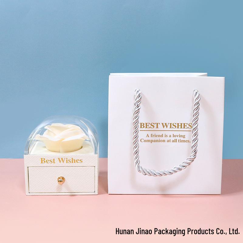 Macaron Color Jewelry Box with Soap Flower and Drawer - Holds Rings, Stud Earrings, and Necklace Pendants.