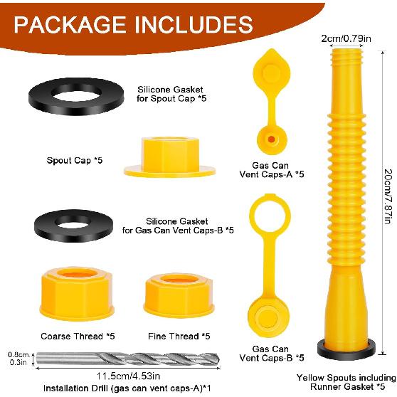 Gas Can Spout Replacement, (5 Kit-Yellow) Gas Can Nozzle Suitable For Most 1/2/5/10 Gal Oil Cans, Flexible Gas Spout Replacement, Fuel Can Pour Spout