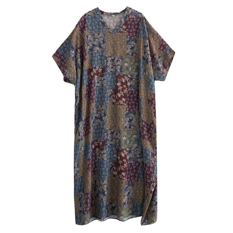 Summer Casual Artistic Plus Size Loose Print V-neck Short Sleeved Dress