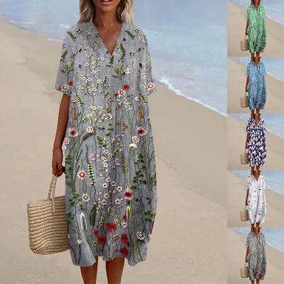 Vestido Feminino Solto Casual Moda Decote V Estampado Saia de Praia