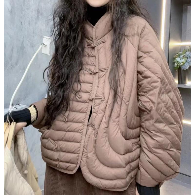 Womens Short Puffer Jacket With Stand Collar Button 90% White Duck Down Fill Lightweight Warm Outerwear