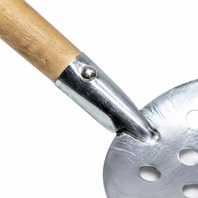 Metal Ice Hole Scoops for Winter Fishing with a Bowl-Shaped Perforated Head, Wood Handle, and Connector for Clearing Loose Ice and Debris