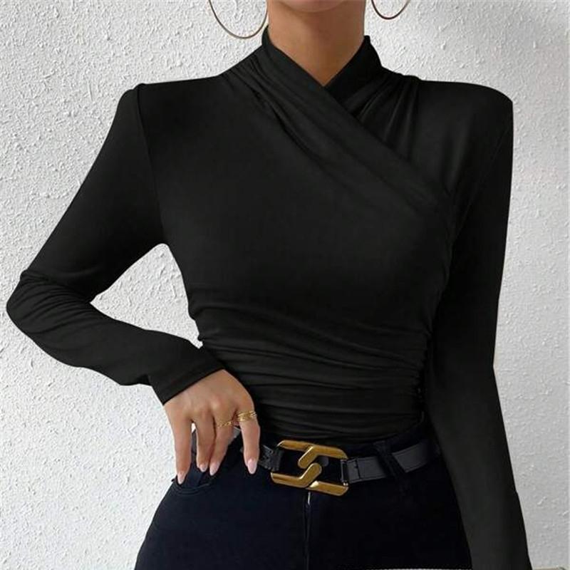 

Женская футболка IHUASU с баской и перекрестным воротом, осенне-зимняя XL чёрный