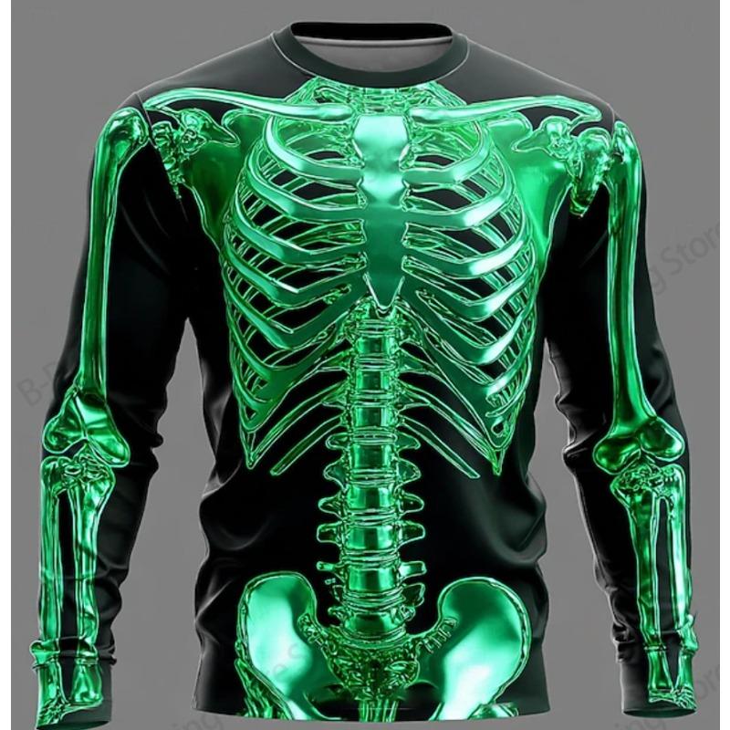 Halloween Mens Metallic Skeleton 3D Printed Tshirt Men Women Fashion O-Neck Long Sleeve T-shirt Exaggerated Casual Tops Tees New