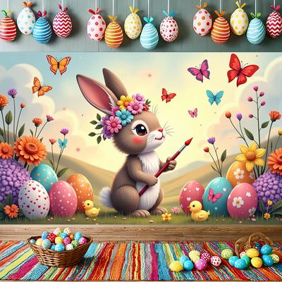 Bunny Backdrop Fabric Party Supplies Easter Banner Lightweight Photography Props For Indoor Spring Decorations Kids