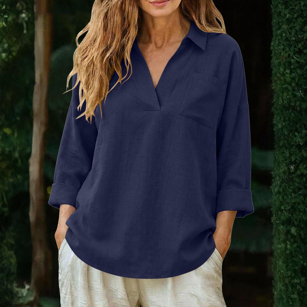 Women's Loose-Fit Cotton-Linen V-Neck Long-Sleeve Shirt With Pockets – -Color Casual Top