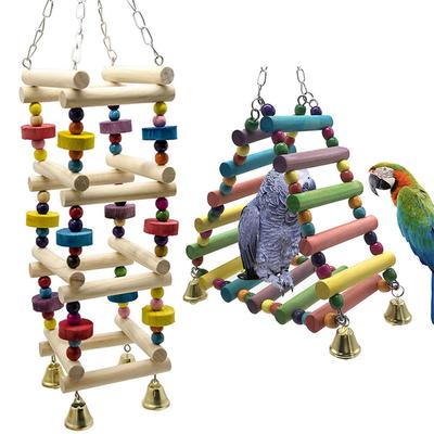 Parrot Hanging Wooden Rainbow Climbing Ladder Toy With Bells Bird Cage Accessories For Large Small Birds
