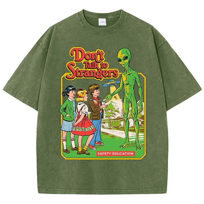 T-shirt Femme Impression Classique Communication Alien Dessin Animé Vintage Lavé Usé