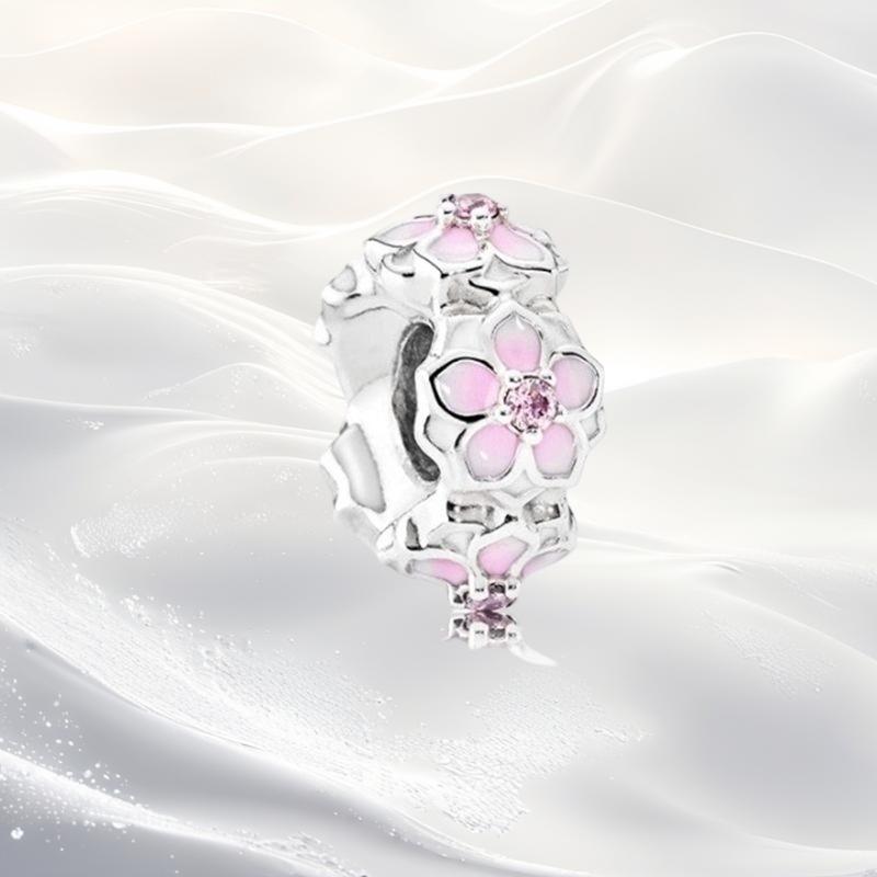Cherry Blossom Flower Clip Charm Beads Dangle Fit Original Snake Silver Bracelet Necklace Bead For Diy Jewelry Women Gift