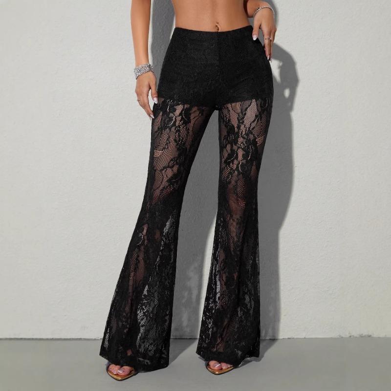 Pantaloni Lunghi da Donna in Pizzo Trasparente a Zampa Slim Fit