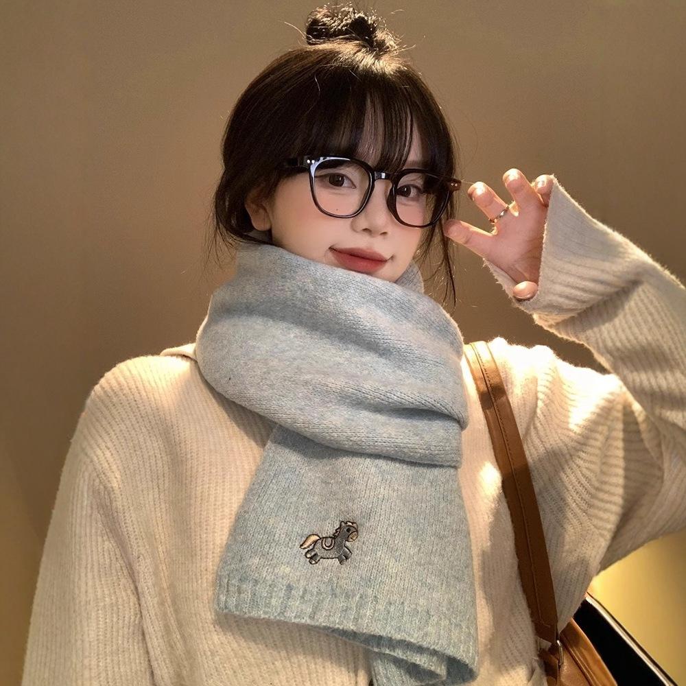New Embroidered Pony Knitted Wool Scarf Women's Autumn and Winter Korean Version Versatile Small Fresh Couple Scarf Men