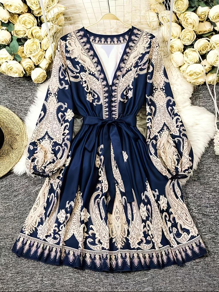 Frühlingshaftes Französisches Retro-Print-Kleid mit V-Ausschnitt, Laternenärmeln und Taillenbindeband