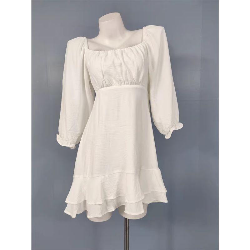 

French style Simple Romantic Temperament Summer Style Lady Lantern Sleeve Design Slimming Date Sweet A- line Skirt Dress White X L
