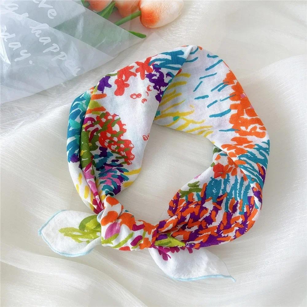 Fashion Floral Print Square Scarf Soft Handkerchief Women Hair Scarf Cotton Linen Head Scarfs Ladies Neck Scarves Summer Autumn