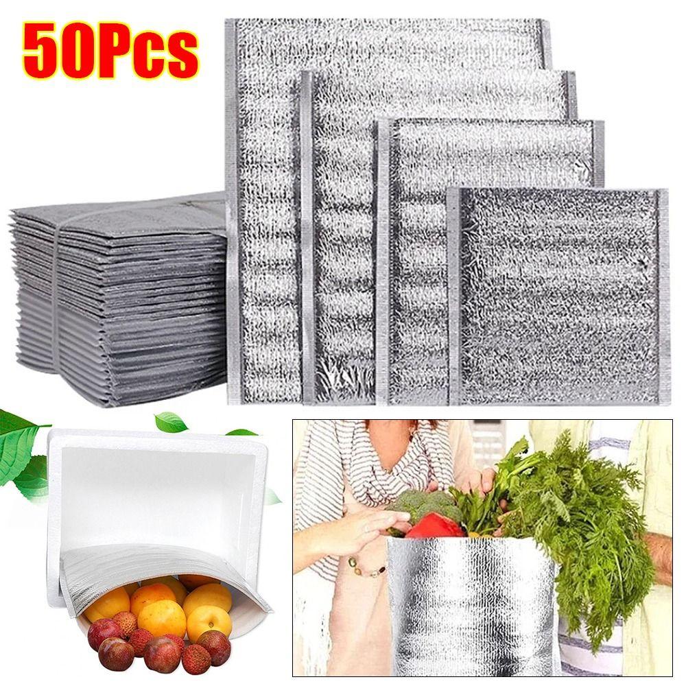 50Pcs/Pack Aluminum Foil Bag Folding Ice Cold Warm Food Thermal Drink Storage Insulation Bag Packing Delivery Carrier Cooler Bag