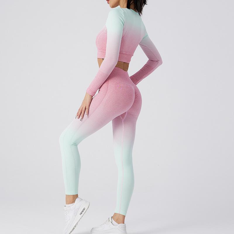 

Европейский и американский бесшовный градиентный набор для йоги: Быстросохнущий топ с длинным рукавом и фитнес-леггинсы для женщин Medium