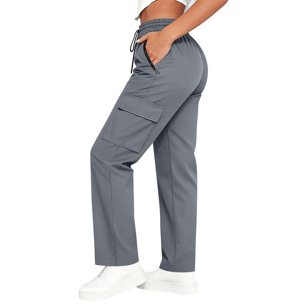 Women’s High Waist Drawstring Cargo Pants Loose Fit Straight Leg Trousers with Multiple Pockets for Daily Wear