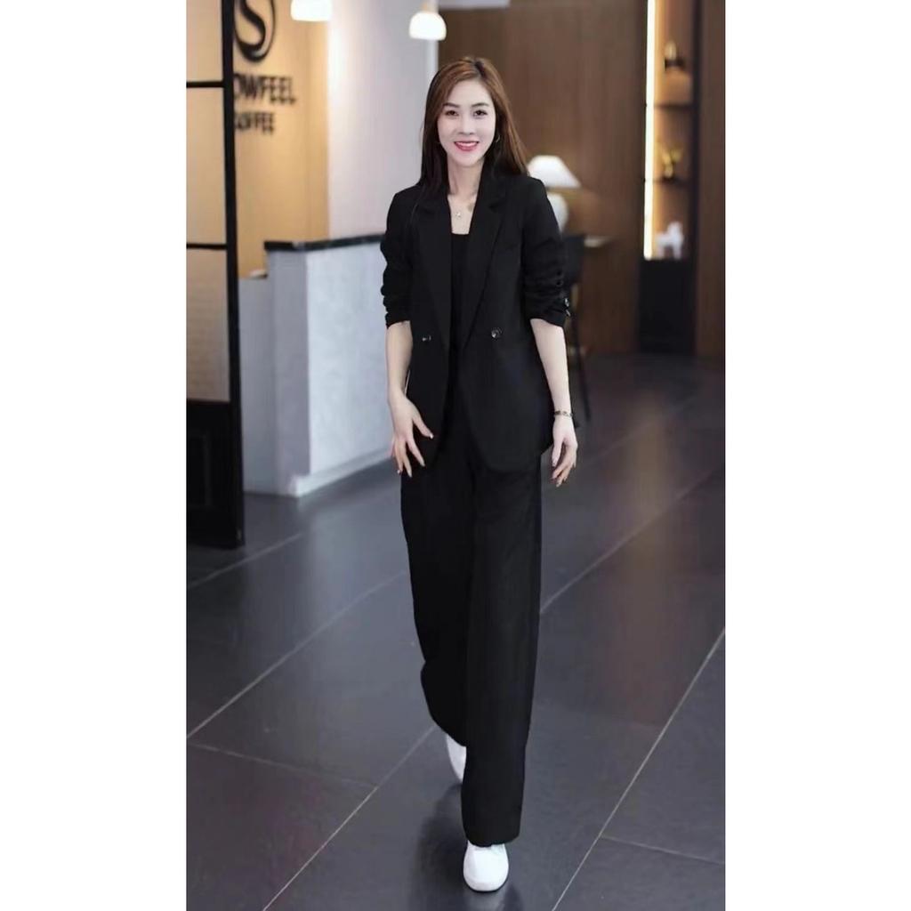 Spring New Plus Size Suit Set: Loose Fit Slimming Casual Blazer with Elastic Waist & Straight Leg Pants, Two-Piece Professional Outfit