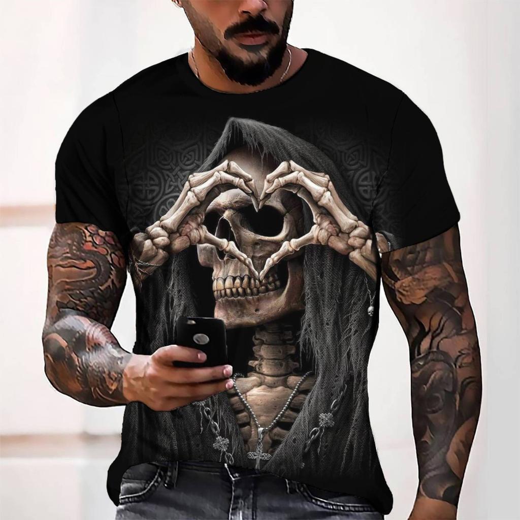 Skull Pattern 3D Printed T-shirt Summer Casual Round Neck Men's T-shirts