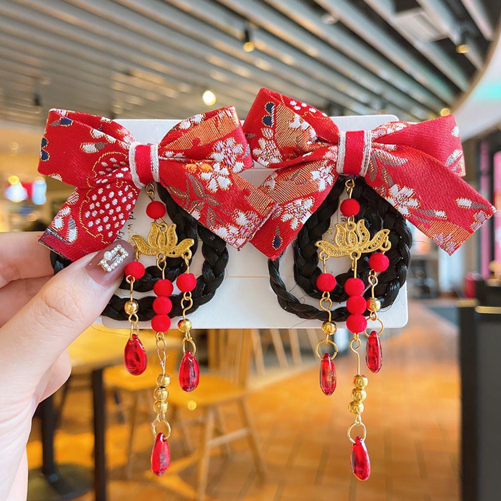 Cloth Chinese Style New Year Festive Bow Hairpin Side Clip Wig Braid Hairpin Hair Accessories