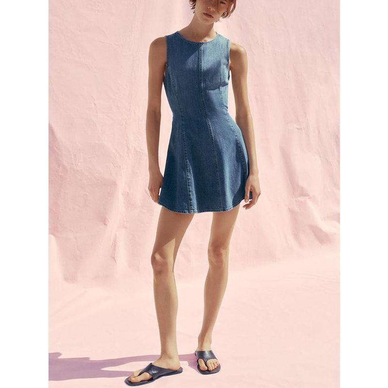 Summer New Arrival Women Clothes American Simple Style Short Wave Wide Swing Round Neck Demin Dress 3607080