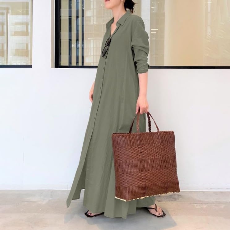Long Shirt Solid Long Front Maxi [NICE SELECTION] Women's Dress, Dress, Color, Sleeves, Opening, Pockets, Length, Figure-Flattering (JP, Alphabet, M,