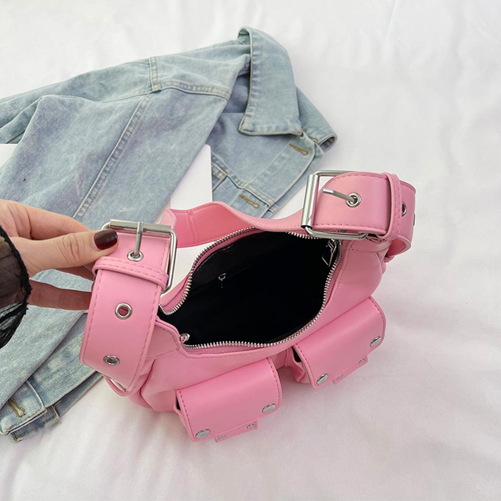 Women Shoulder Bag with Double Pockets PU Leather Crescent Bag Hobo Bag (Pink)