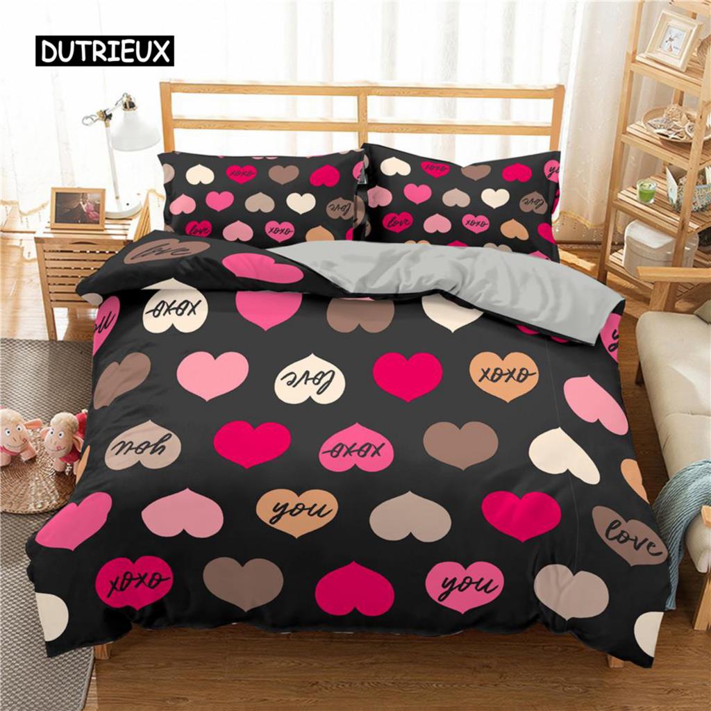 Love Heart Duvet Cover Set King Size Black Red Heart Spot Twin Quilt Cover Arrow of Love Polyester Bedding Set for Teens Couples