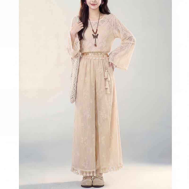 

2026 Spring/Summer New Ancient Style Lace Top & Wide-Leg Pants Two-Piece Set M