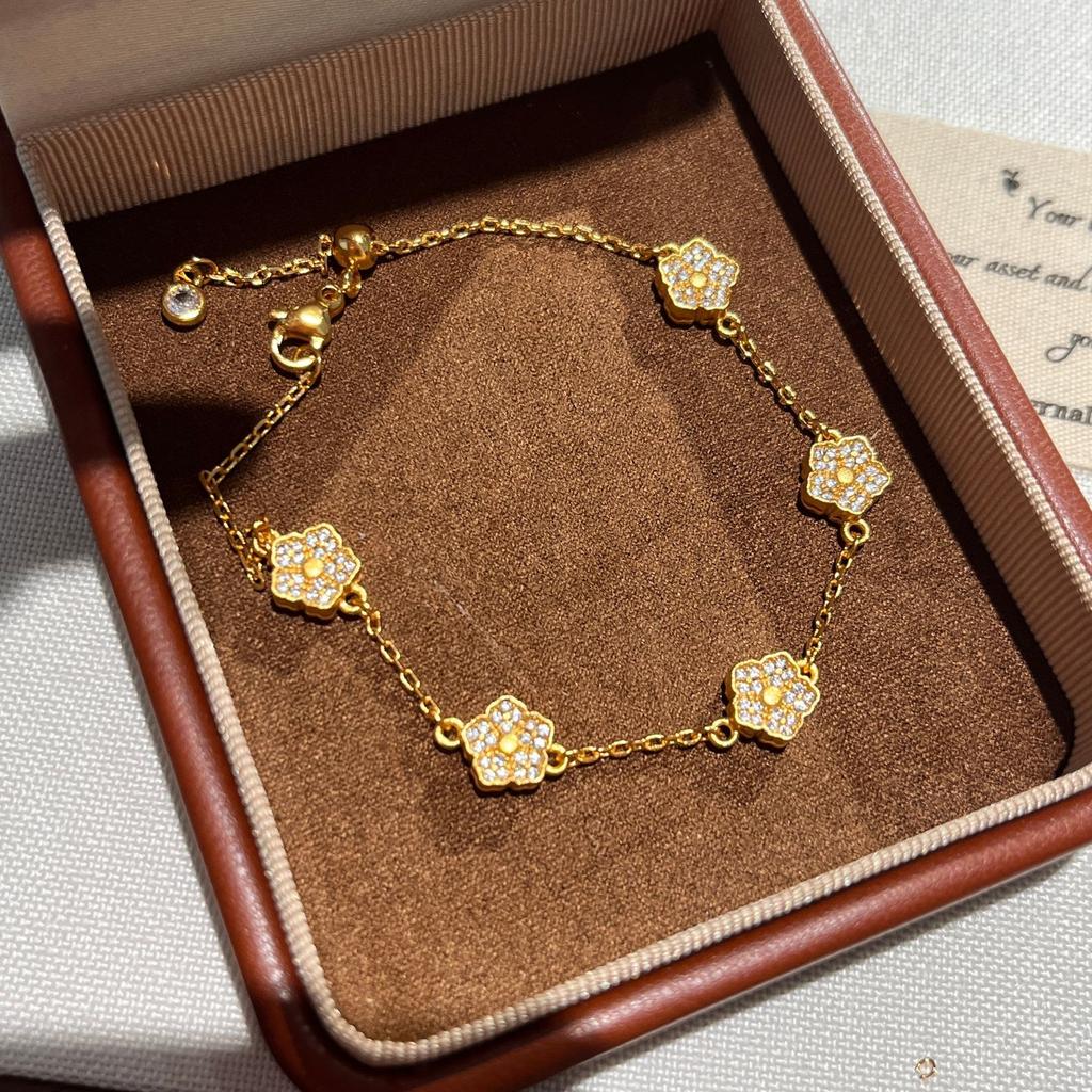 National Style Ancient Peony Flower Full Diamond Bracelet Double-Sided Can Be Worn Versatile Exquisite Jewelry
