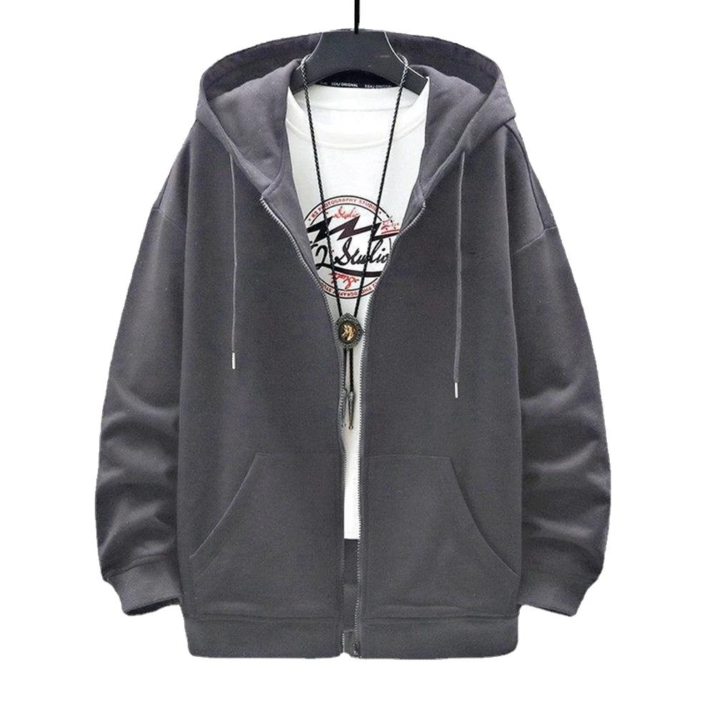 Men's Solid Hoodies Coat Harajuku Basic Long Sleeve Spring Autumn Loose Zip Up Casual Oversized Sweatshirts Jacket with Pocket